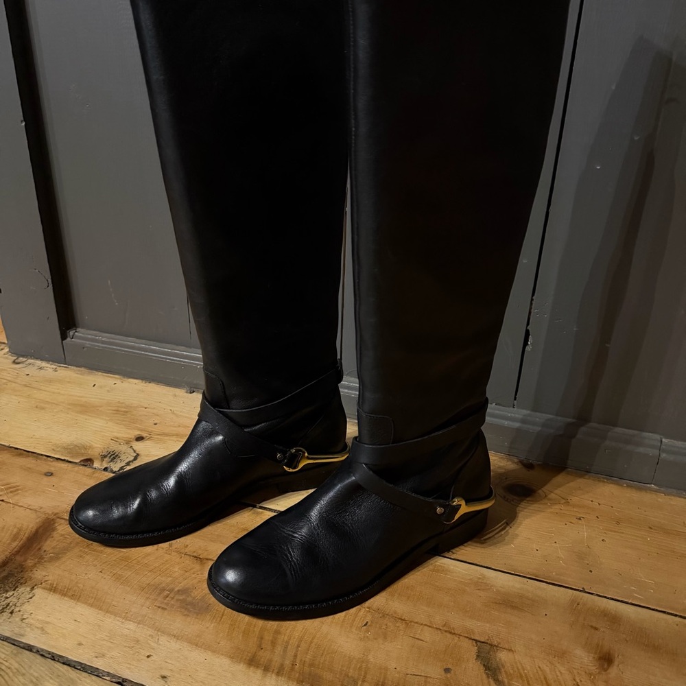 Ralph Lauren Jenny Black Leather w/Gold Hardware Leather Riding Boots!
